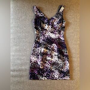 Guess Patterned Purple, White, Blue and Black Cocktail Dress - Size Medium